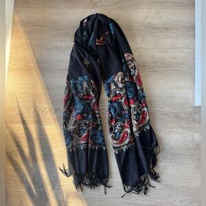 Hand Embroidered Black Pashmina Wool Shawl Scarf Wrap